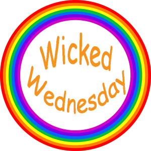 Wicked Wednesday badge with orange words and rainbow circle for saucy santa post