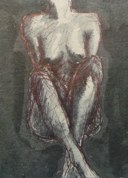 Yearning Thin a painting - nude with cross legs rendered in black in and ballpoint