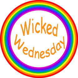 a round rainbow logo contains words Wicked Wednesday in orange.
For Enema Addict post