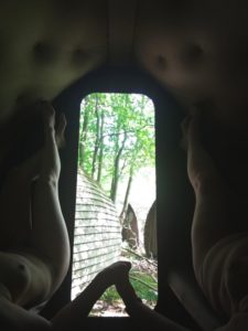 Double Trouble with Exposing 40 and tabitha holding hands nude in a cabin legs reaching up to the sky - we really are naked friends in this one