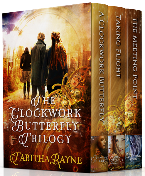 boxed set cover art for A Clockwork Butterfly trilogy by Tabitha Rayne
