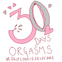 pink and grey logo with text 30 days orgasms - #selfloveisselfcare with hearts and spurting