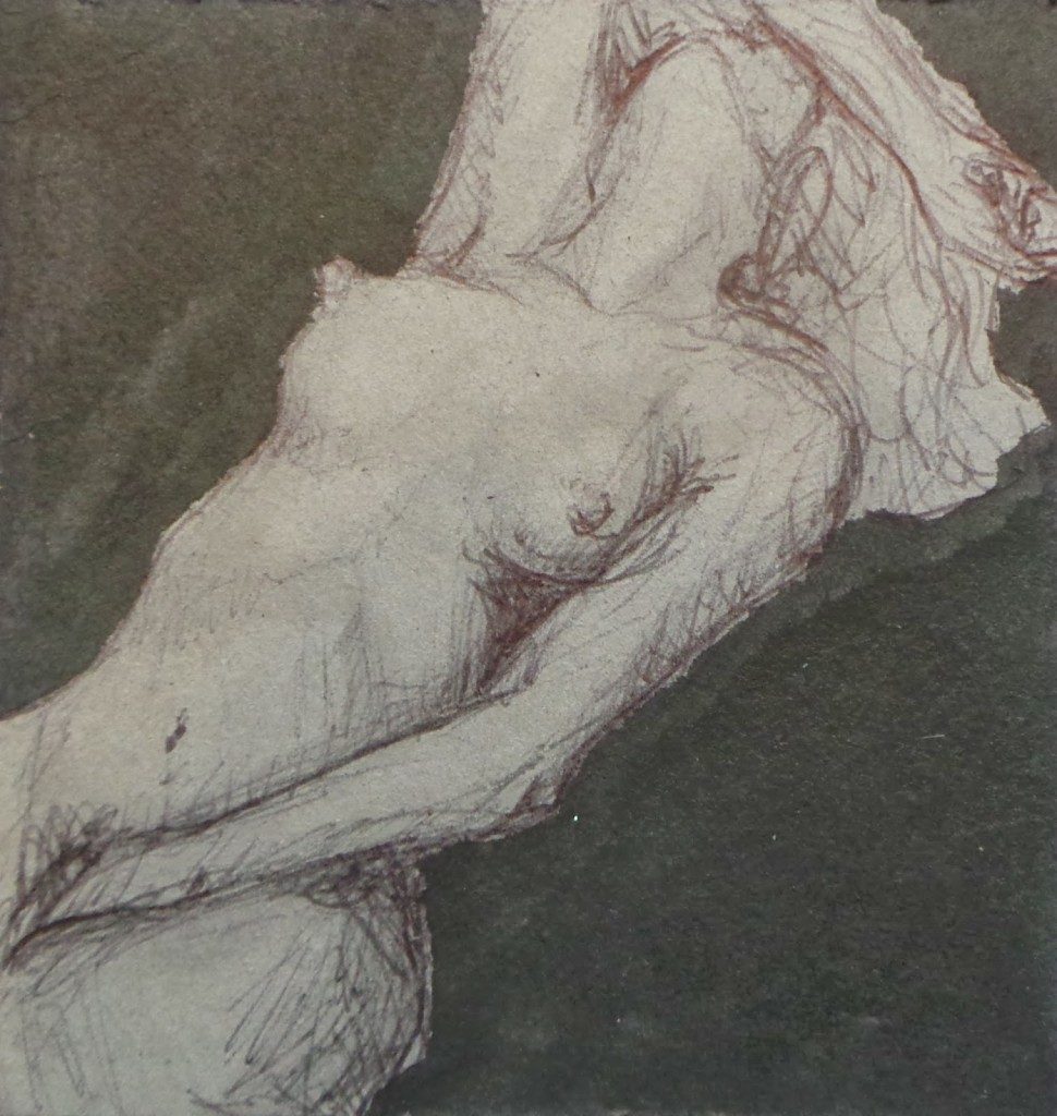 painting by Tabitha black and white reclining nude masturbating with one arm over face in ecstasy 