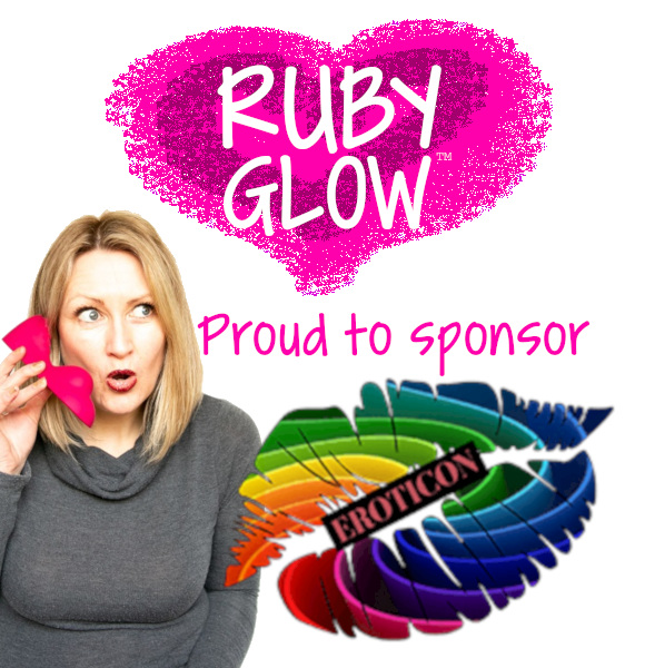 Tabitha Rayne and Ruby Glow for Eroticon sponsor with pink heart logo and eroticon rainbow lips