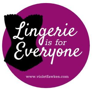 Lingerie is for everyone logo purple background with white text and a black corset