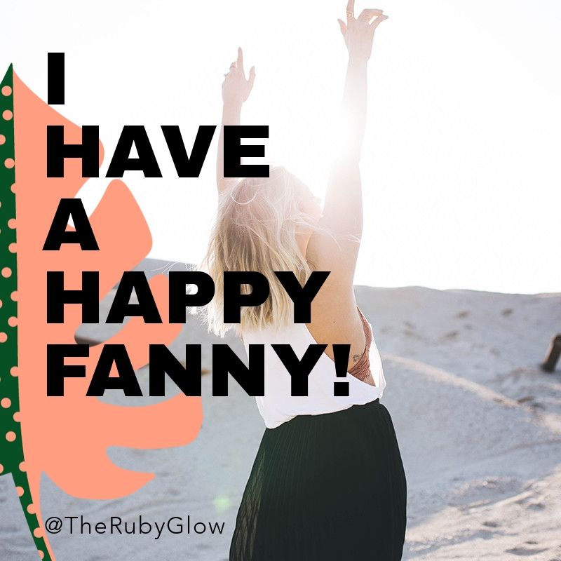 A woman reaches up to the sky with sun streaming abover her - the words 'I have a happy fanny!' are emblazoned across the picture in bold black font - thrush blog