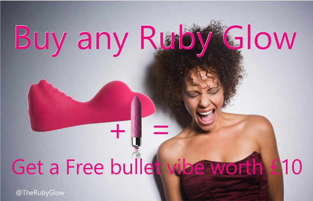 A very happy orgasmic woman smiles - there's a pink Ruby Glow plus a bullet vibe and equals, happy face lady. the text says, Buy any Ruby Glow , get a free bullet vibe worth £10 - part of what are you sorry for blog post on Tabitha