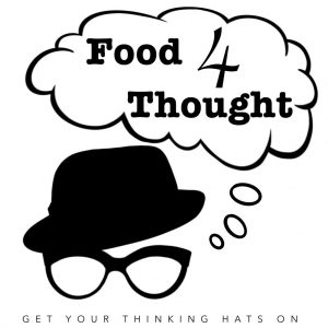 a hat and glasses in black and white have a think bubble above that says Food 4 Thought - meme logo for Horny Hogmanay post