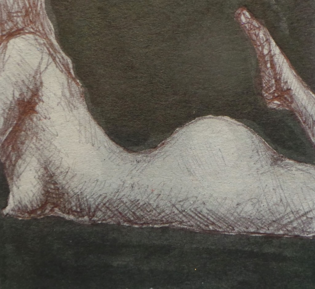 erotic nudea woman lies tummy down folding her legs up to her bottom leaning up on her elbows playfully - black ink on grey board