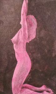 erotic nudea woman stretches up as if tied from above - black ink on pink board