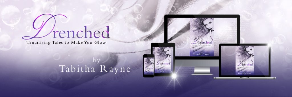 banner in purple for Drenched - tantalising tales to make you glow - a woman seductively looks to camera touching her lips