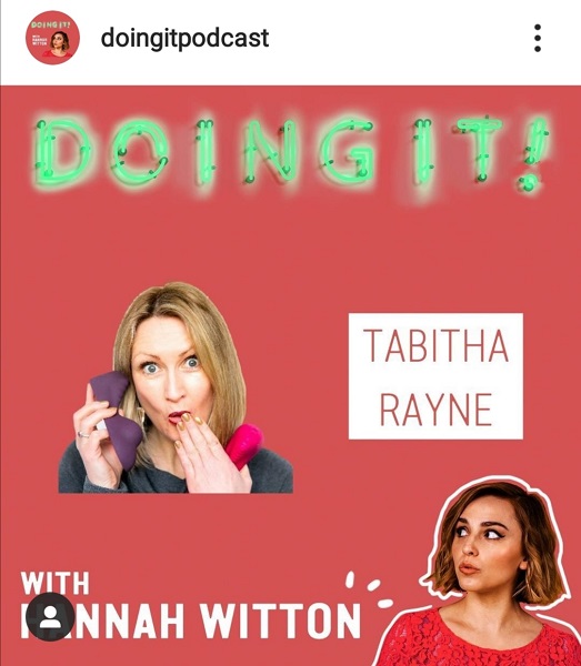 Tabitha holding Ruby Glows and Hannah Witton Doing it podcast show ad - with red background 