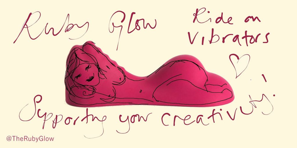 a ruby glow pink ride on vibrator has a drawing of a recliniing nude woman with the words, Ruby Glow Ride on Vibrators - Supporting your creativity.