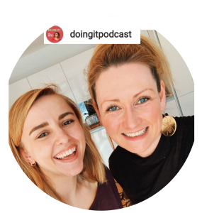 Hannah Witton and Tabitha Rayne selfie smiling to camera with words DOING IT podcast at the top