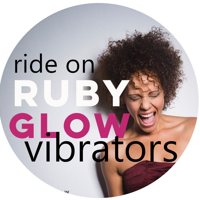 circular image of Ruby Glow ride on vibrator loge with smiling orgasmic woman