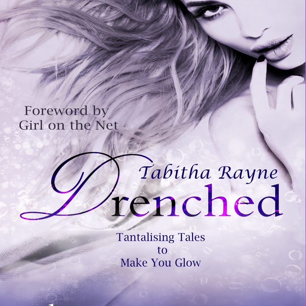 drenched erotic audiobook cover - purple background with woman seductively sucking her finger - purple text - Drenched by Tabitha Rayne - tantalising tales to make you glow - for Viking Spankings blog