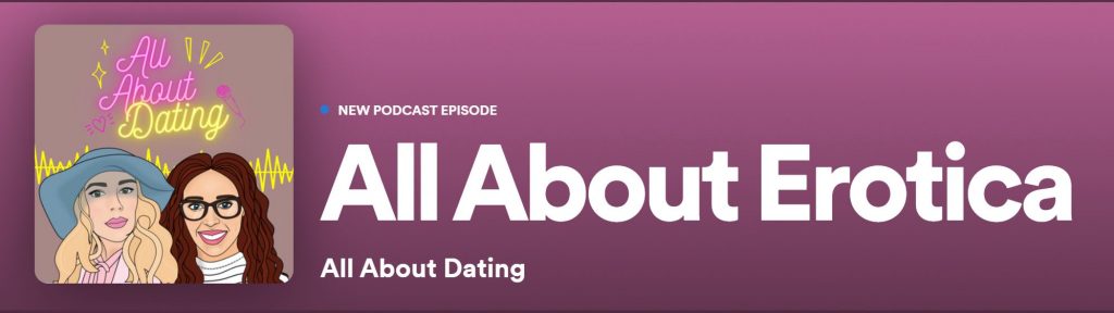 logo for All About dating podcast - where I talk about sex, erotica and Jolene fanfic - purple background with illustration of Jade in a blue had - blond hair and Jane - dark hair glasses 