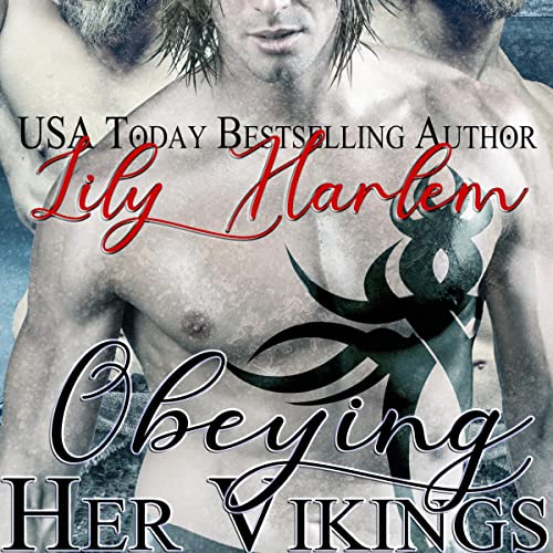 three brooding tattooed Vikings gaze out from this book cover - Lily Harlem Obeying Her Vikings for erotic spanking post