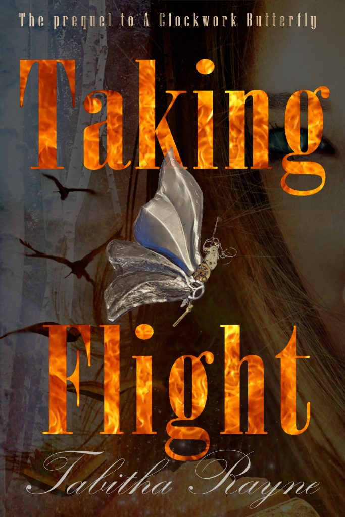 fantasy novel cover - Taking Flight by Tabitha Rayne - fiery bold font with a mechanical butterfly in the middle - dark hues