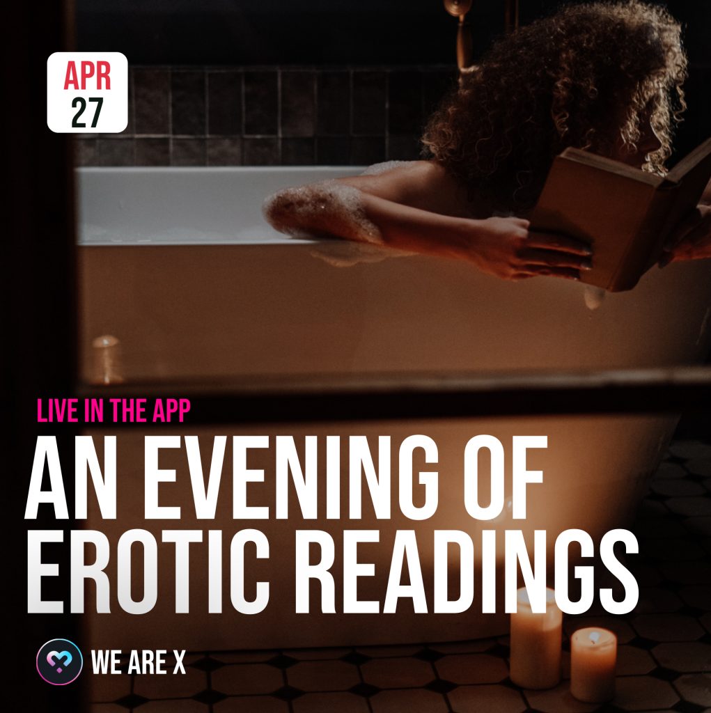 a woman hangs over the side of the bath with a sexy book in her hand - the text reads - an evening of live erotica reading
