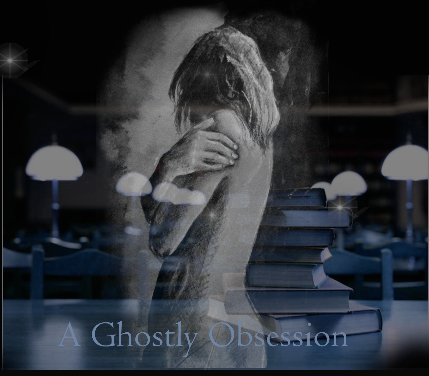a drawing of a naked woman in a library holding her arms over her shoulders while light shimmers blue around her - for a sexy ghost story