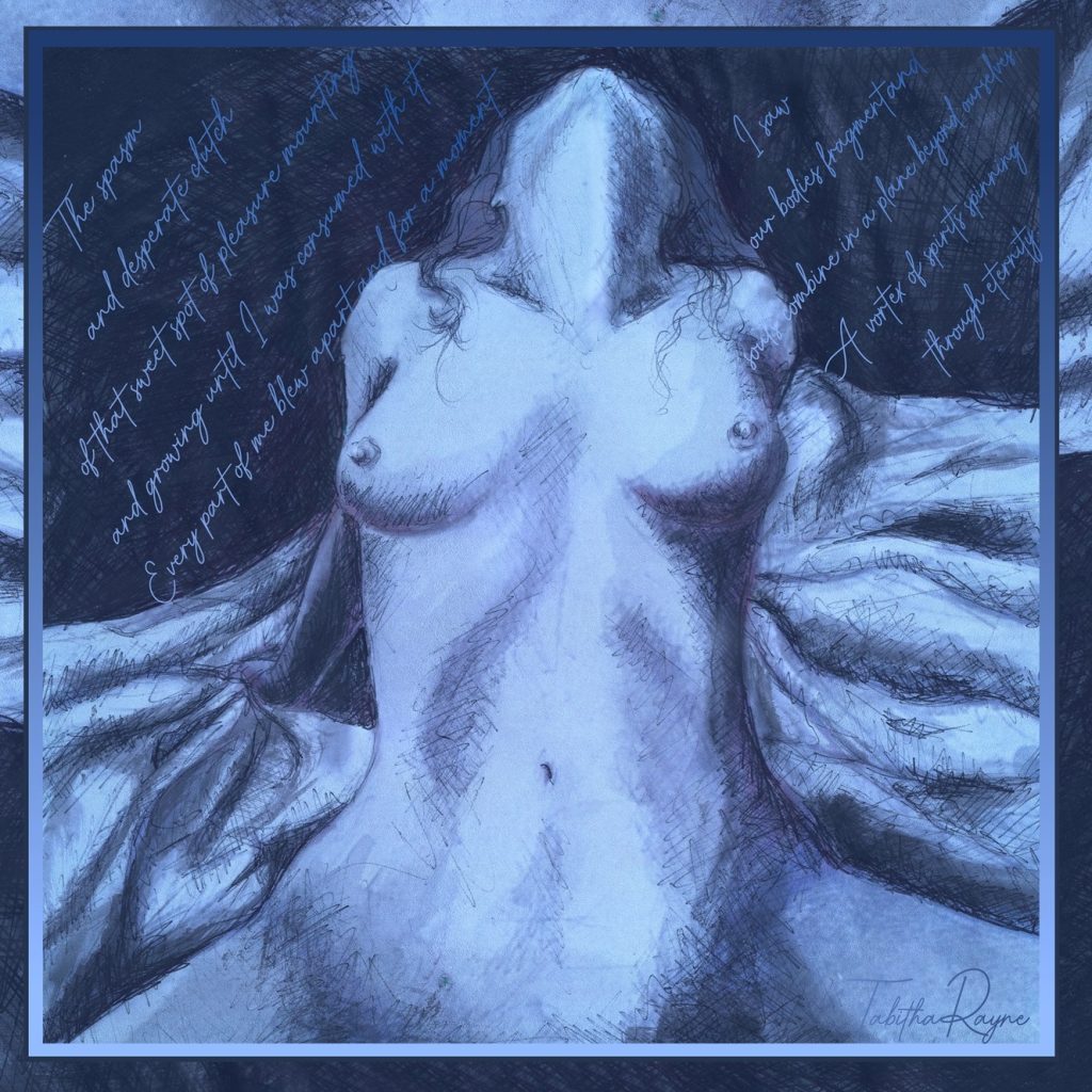 a scandalous nude painting by Tabitha Rayne in Blue - a woman throws her head back in rapture on a sexy silk sarf